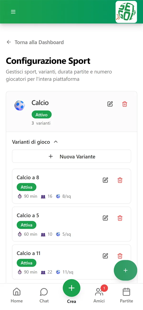 La configurazione degli sport
