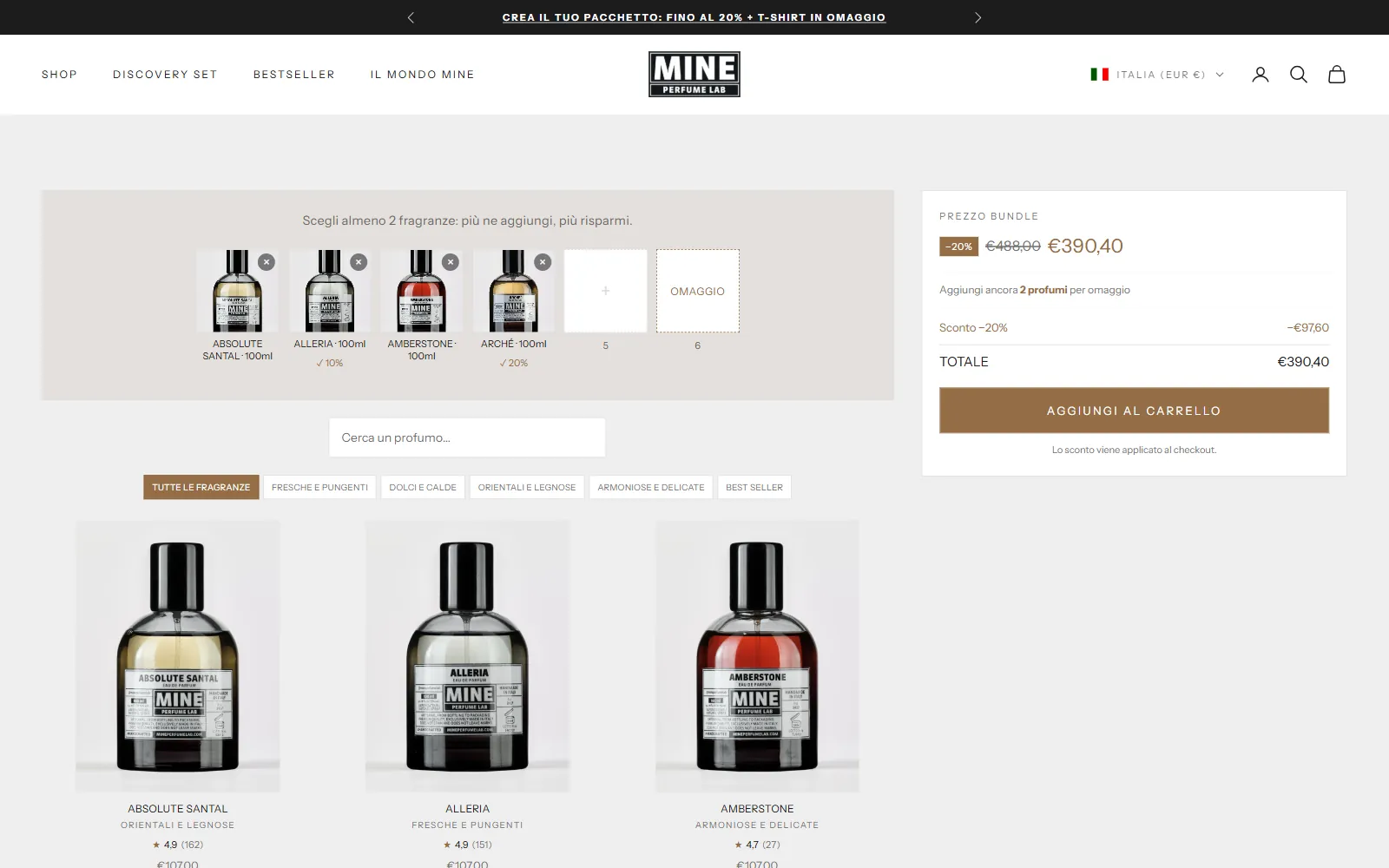 La pagina bundle di Mine Perfume Lab con quattro profumi scelti e lo sconto del 20% applicato