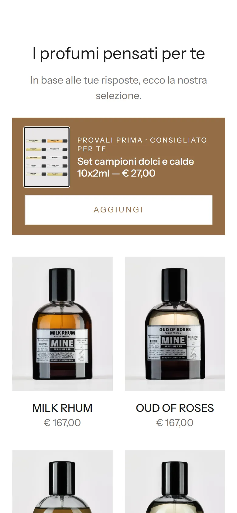 Il risultato del quiz con set campioni e profumi consigliati